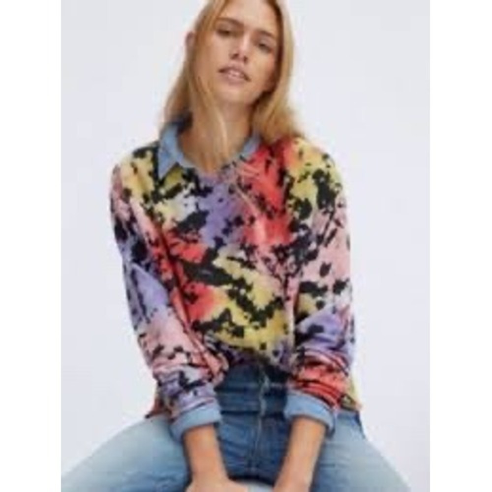Anthropologie Letluv Zoey Tie-Dye Sweatshirt Multi-Color Raw Hem Small